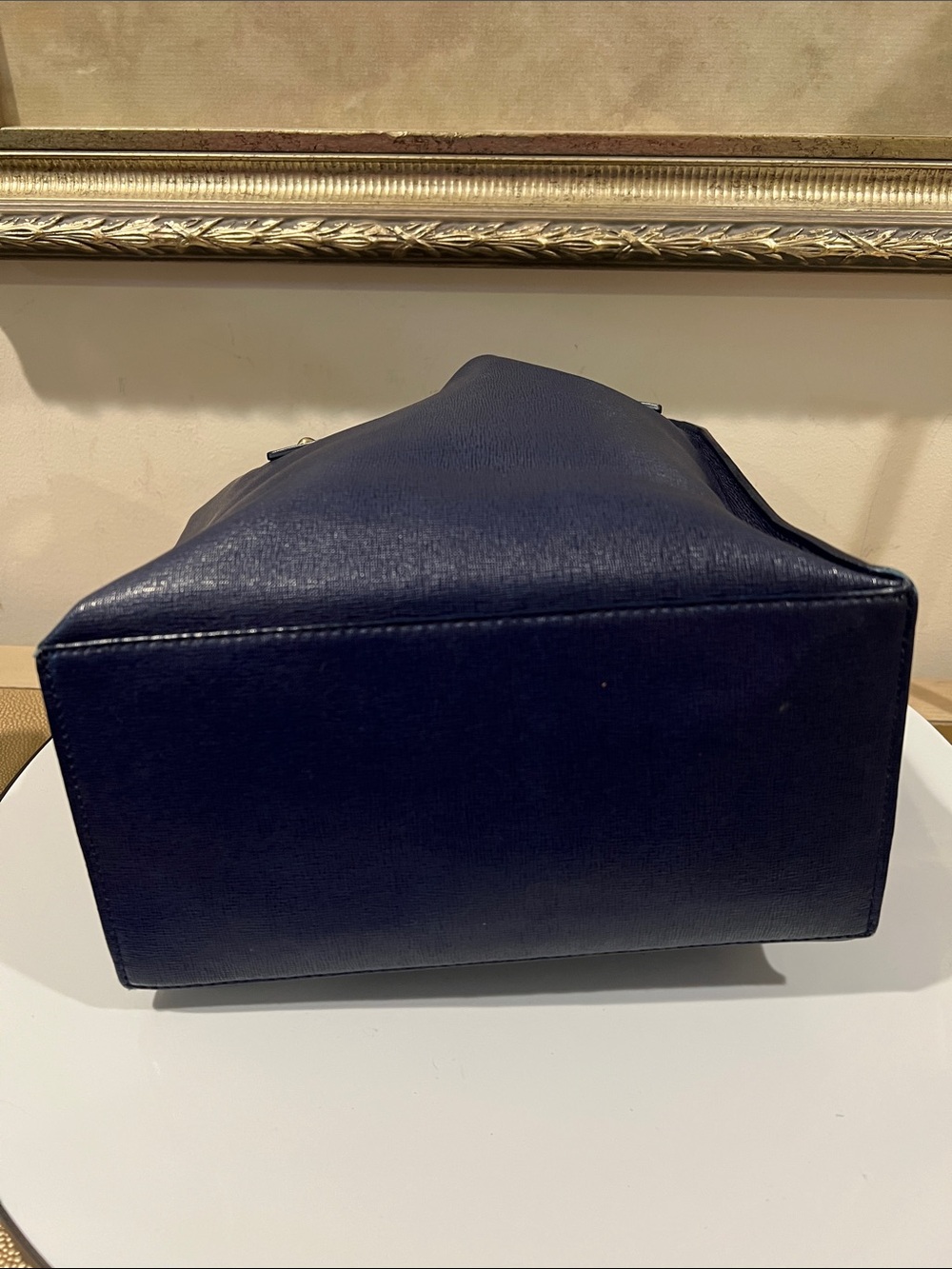 Furla Navy Structured Leather Satchel Tote - edge coat wear - Picture 8 of 14